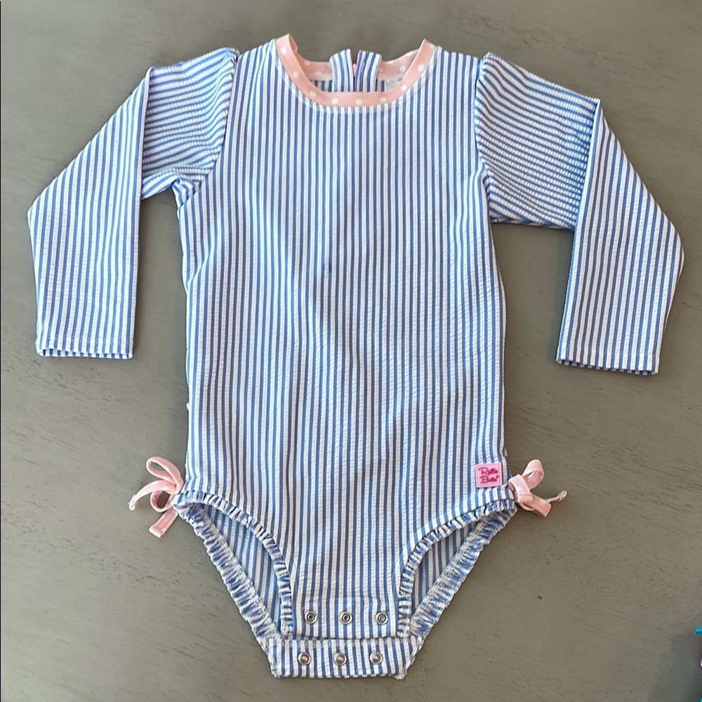 Ruffle Butts Seersucker Long Sleeve Rash Guard One Piece 3T